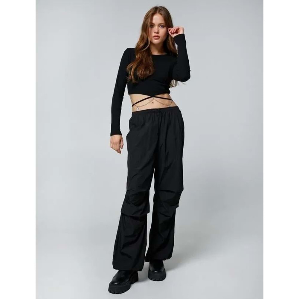 Crop Tişört Uzun Kollu Zincir Kelebek Detaylı Bisiklet Yaka - KOTON - 4WAL10139IK - SİYAH - M