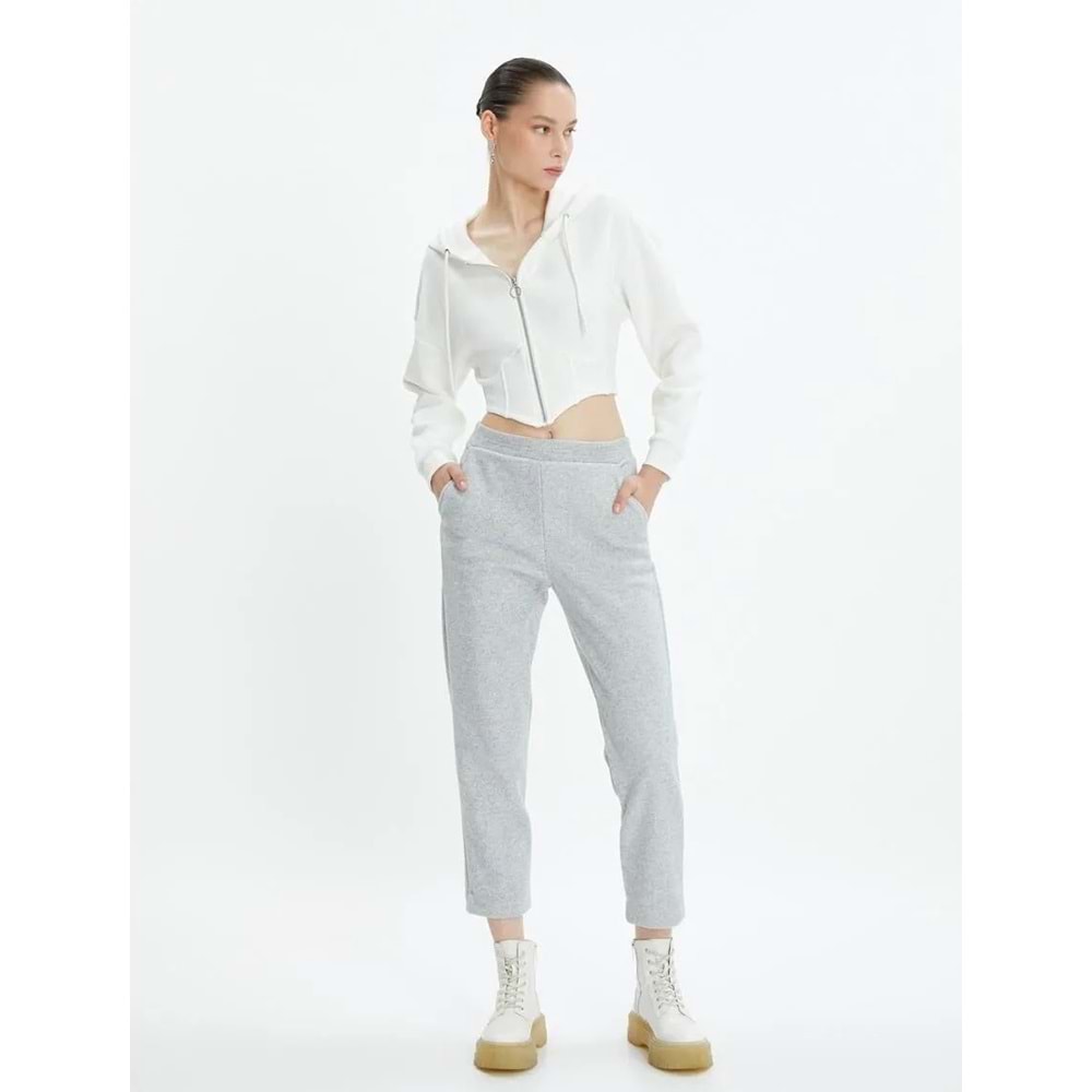 Crop Paça Basic Pantolon Beli Lastikli Cepli - KOTON - 4WAL40020IK - GRİ MELANJ - S