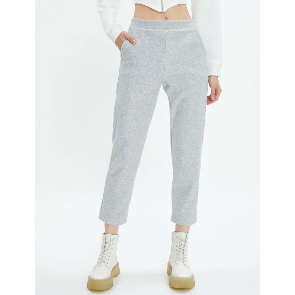 Crop Paça Basic Pantolon Beli Lastikli Cepli - KOTON - 4WAL40020IK - GRİ MELANJ - S