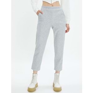 Crop Paça Basic Pantolon Beli Lastikli Cepli - KOTON - 4WAL40020IK - GRİ MELANJ - S