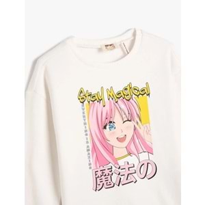 Kız Çocuk Anime Sweatshirt Uzun Kollu Bisiklet Yaka Şardonlu - KOTON - 4WKG10063AK - EKRU - 13-14 YAŞ