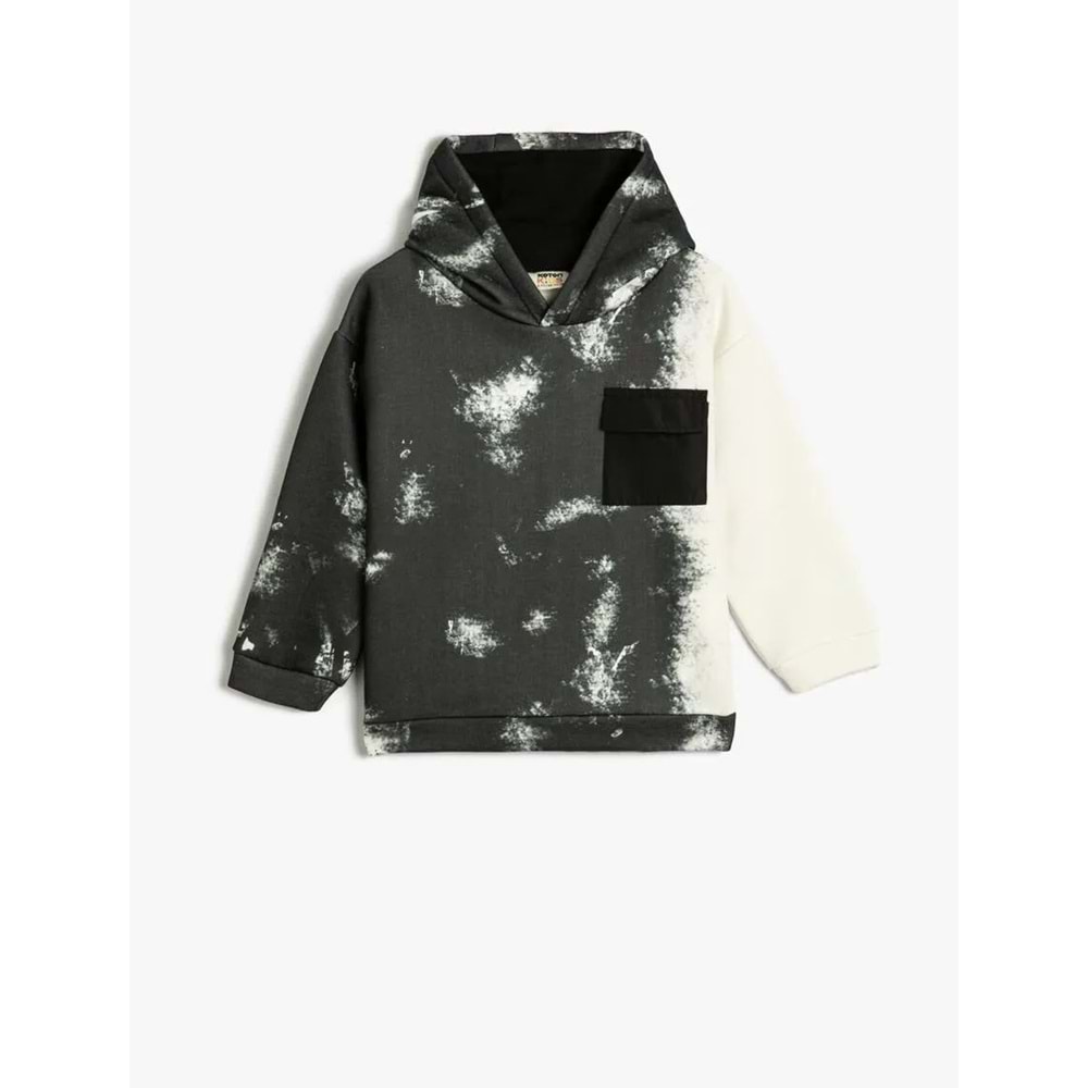Erkek Çocuk Oversize Kapşonlu Sweatshirt Cep Detaylı Degrade Şardonlu - KOTON - 4WKB10002TK - BEYAZ DESENLİ - 5-6 YAŞ
