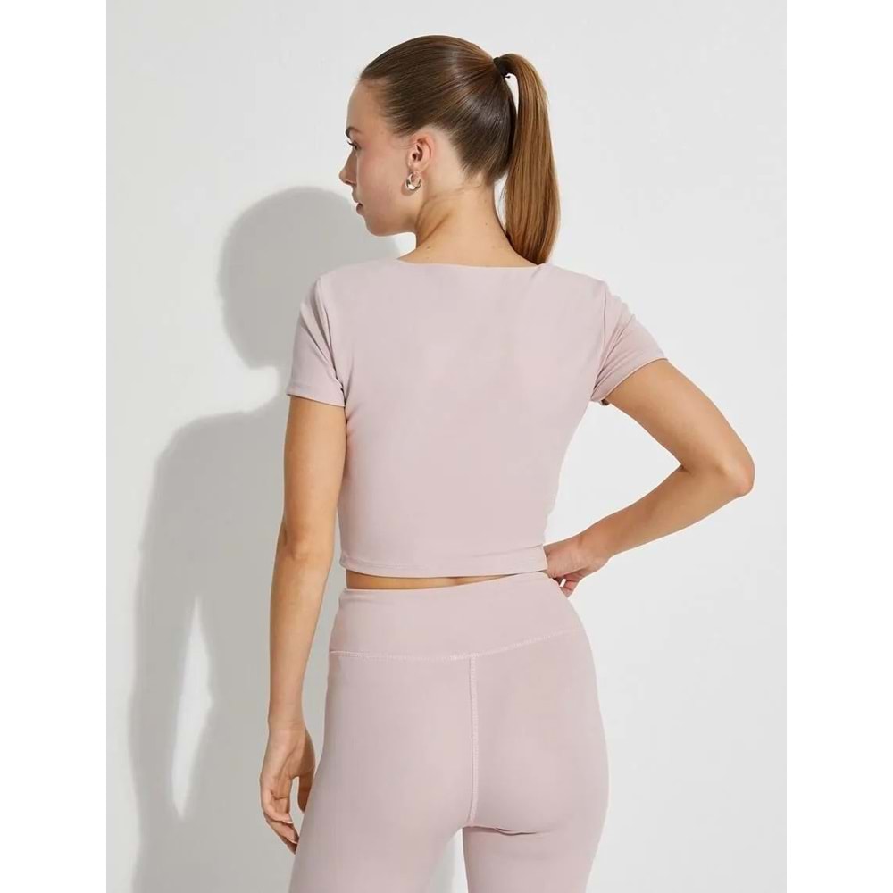 Crop Kısa Kollu Spor Tişört U Yaka Basic Dar Kalıp - KOTON - 4WAK10083NK - PEMBE - L