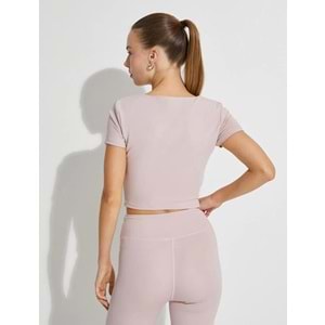 Crop Kısa Kollu Spor Tişört U Yaka Basic Dar Kalıp - KOTON - 4WAK10083NK - PEMBE - L