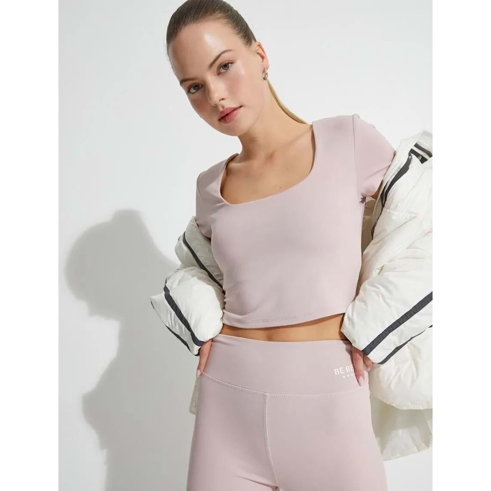 Crop Kısa Kollu Spor Tişört U Yaka Basic Dar Kalıp - KOTON - 4WAK10083NK - PEMBE - L