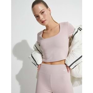 Crop Kısa Kollu Spor Tişört U Yaka Basic Dar Kalıp - KOTON - 4WAK10083NK - PEMBE - L