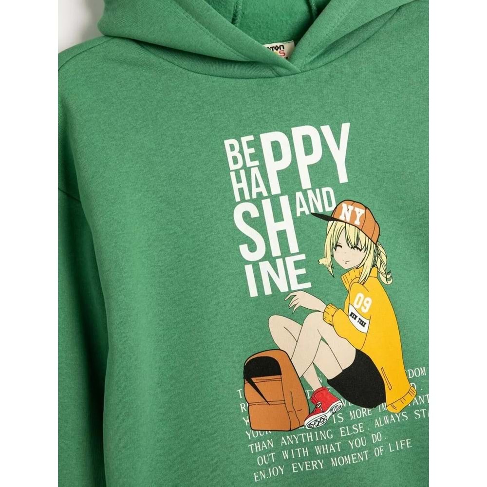 Kız Çocuk Kapşonlu Sweatshirt Anime Baskılı Uzun Kollu Şardonlu - KOTON - 4WKG10322AK - YEŞİL - 5-6 YAŞ