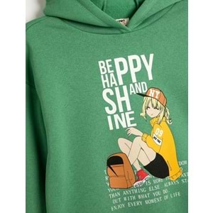 Kız Çocuk Kapşonlu Sweatshirt Anime Baskılı Uzun Kollu Şardonlu - KOTON - 4WKG10322AK - YEŞİL - 5-6 YAŞ