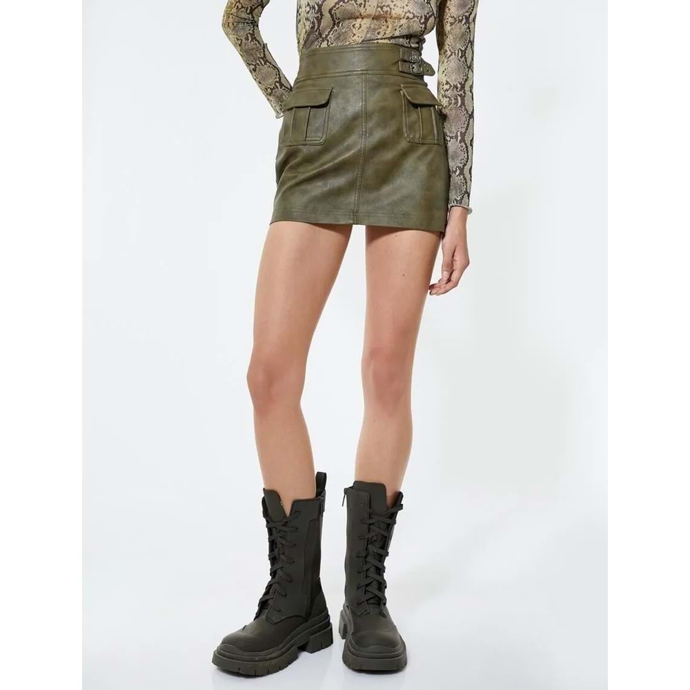 Deri Görünümlü Etek Mini Kemer Detaylı Kargo Cepli - KOTON - 4WAK70022EW - HAKİ - 42