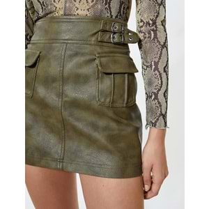 Deri Görünümlü Etek Mini Kemer Detaylı Kargo Cepli - KOTON - 4WAK70022EW - HAKİ - 42