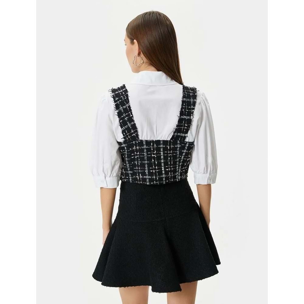 Crop Tüvit Gömlek Balon Kol Düğme Detaylı İki Farklı Kumaş Kullanımlı - KOTON - 4SAL60097IW - SİYAH EKOSELİ - 34