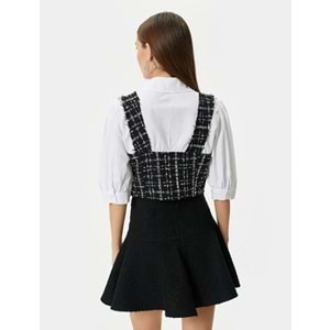 Crop Tüvit Gömlek Balon Kol Düğme Detaylı İki Farklı Kumaş Kullanımlı - KOTON - 4SAL60097IW - SİYAH EKOSELİ - 34