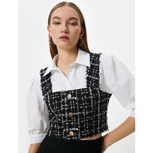 Crop Tüvit Gömlek Balon Kol Düğme Detaylı İki Farklı Kumaş Kullanımlı - KOTON - 4SAL60097IW - SİYAH EKOSELİ - 34