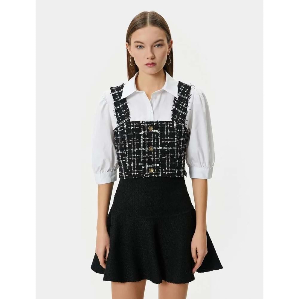 Crop Tüvit Gömlek Balon Kol Düğme Detaylı İki Farklı Kumaş Kullanımlı - KOTON - 4SAL60097IW - SİYAH EKOSELİ - 34