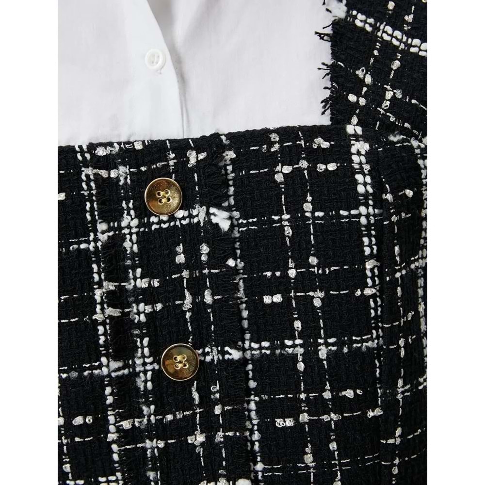 Crop Tüvit Gömlek Balon Kol Düğme Detaylı İki Farklı Kumaş Kullanımlı - KOTON - 4SAL60097IW - SİYAH EKOSELİ - 34