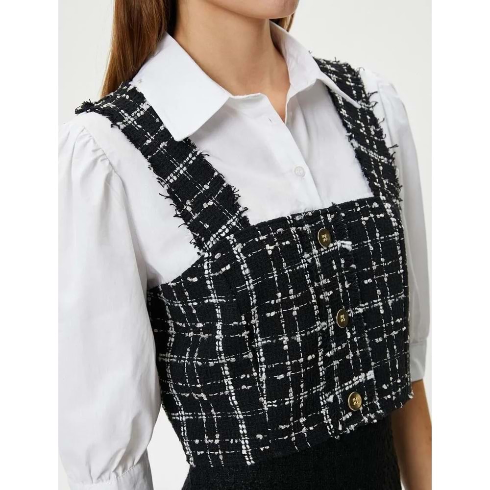 Crop Tüvit Gömlek Balon Kol Düğme Detaylı İki Farklı Kumaş Kullanımlı - KOTON - 4SAL60097IW - SİYAH EKOSELİ - 34