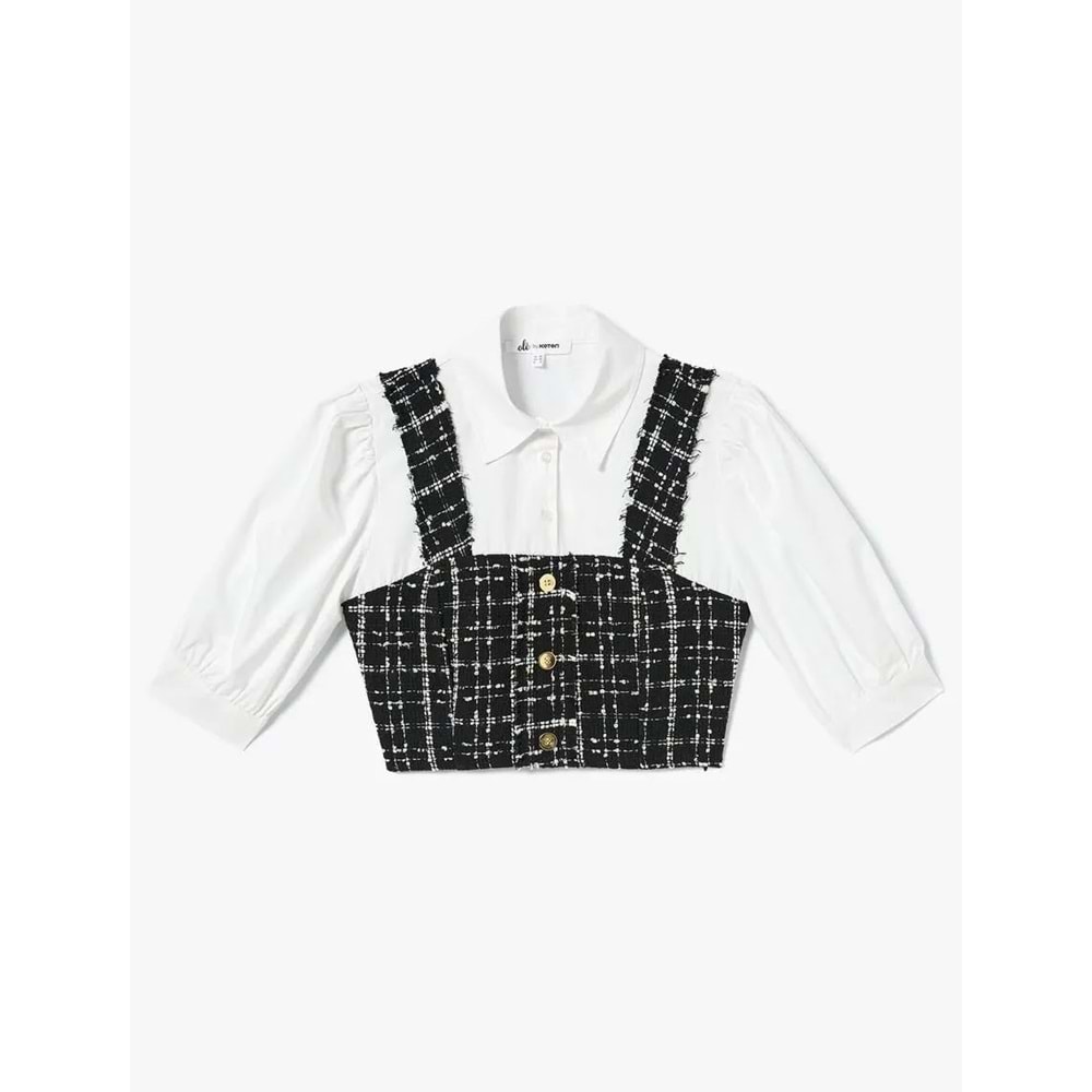 Crop Tüvit Gömlek Balon Kol Düğme Detaylı İki Farklı Kumaş Kullanımlı - KOTON - 4SAL60097IW - SİYAH EKOSELİ - 34