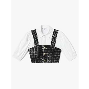 Crop Tüvit Gömlek Balon Kol Düğme Detaylı İki Farklı Kumaş Kullanımlı - KOTON - 4SAL60097IW - SİYAH EKOSELİ - 34