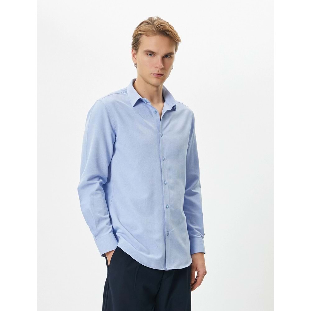 Klasik Gömlek Slim Fit Yarım İtalyan Yaka Düğmeli Uzun Kollu - KOTON - 4SAM60020HW - MAVİ - XXL