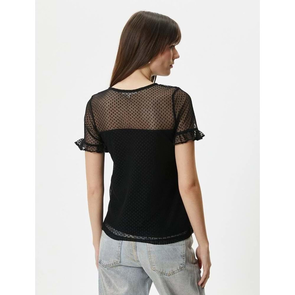 Dantelli Tişört Kısa Kollu Bisiklet Yaka - KOTON - 4SAK50056EK - SİYAH - S