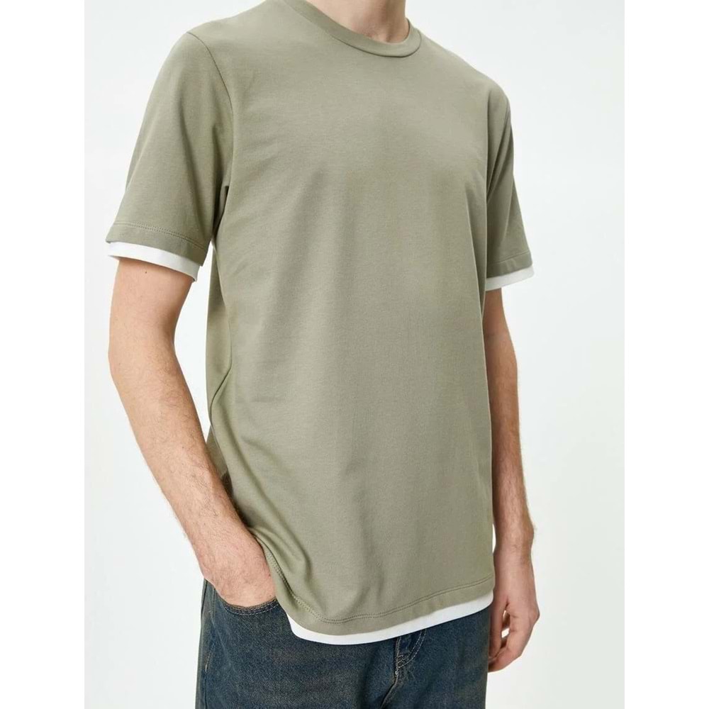 Bisiklet Yaka Tişört Kumaş Detaylı Kısa Kollu Pamuklu - KOTON - 4SAM10271HK - HAKİ - XL