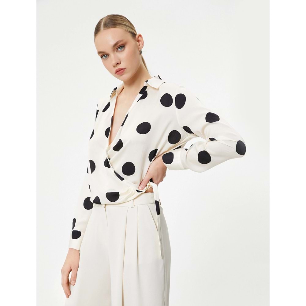 Puantiyeli Bluz Anvelop Aksesuar Detaylı Uzun Kollu - KOTON - 4SAK60091UW - EKRU DESENLİ - 42