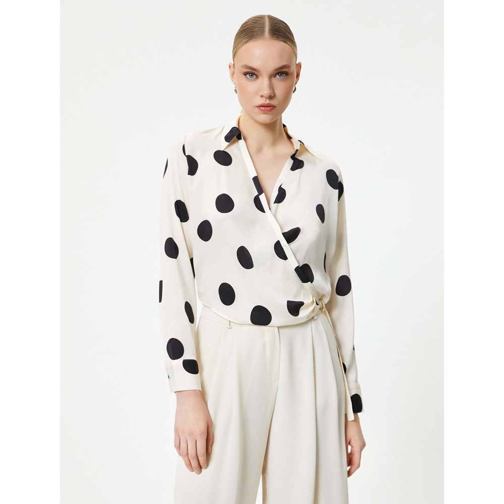 Puantiyeli Bluz Anvelop Aksesuar Detaylı Uzun Kollu - KOTON - 4SAK60091UW - EKRU DESENLİ - 42