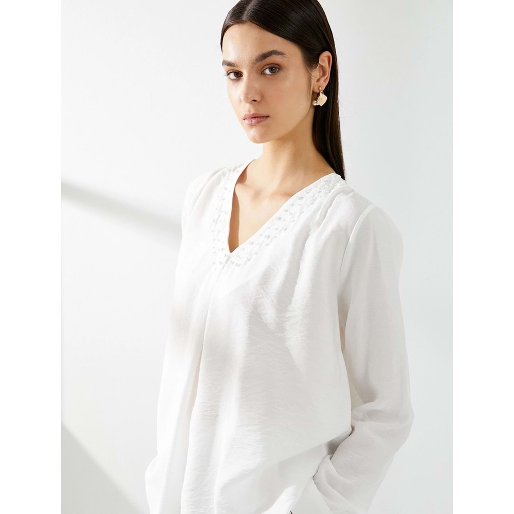 İncili Bluz V Yaka Uzun Kollu Viskon Dokulu - KOTON - 4SAK60133UW - KIRIK BEYAZ - 38