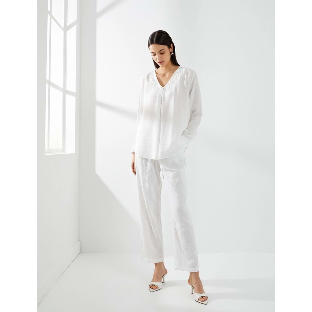 İncili Bluz V Yaka Uzun Kollu Viskon Dokulu - KOTON - 4SAK60133UW - KIRIK BEYAZ - 38