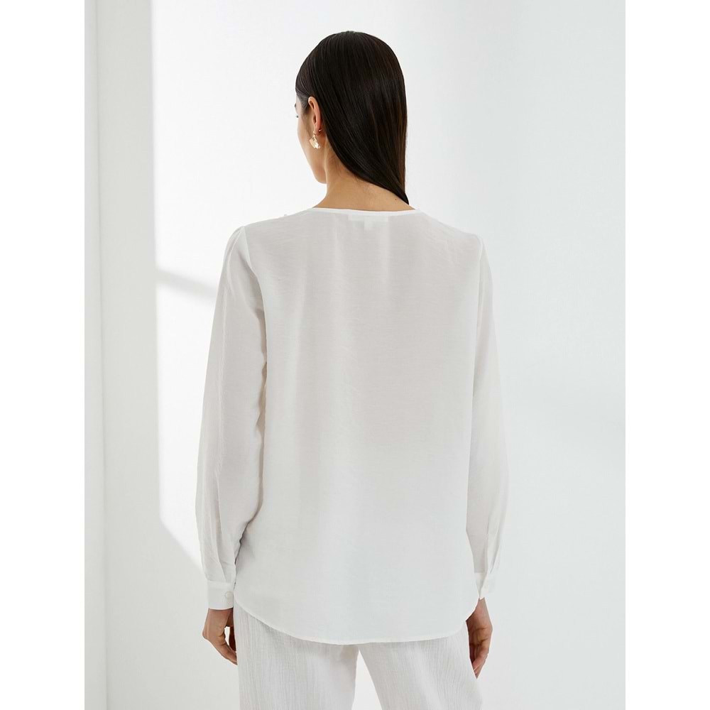 İncili Bluz V Yaka Uzun Kollu Viskon Dokulu - KOTON - 4SAK60133UW - KIRIK BEYAZ - 38