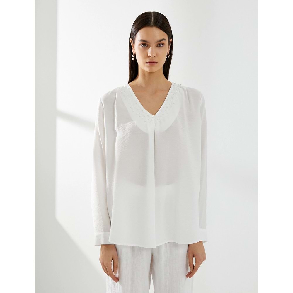 İncili Bluz V Yaka Uzun Kollu Viskon Dokulu - KOTON - 4SAK60133UW - KIRIK BEYAZ - 38