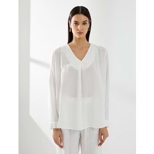 İncili Bluz V Yaka Uzun Kollu Viskon Dokulu - KOTON - 4SAK60133UW - KIRIK BEYAZ - 38