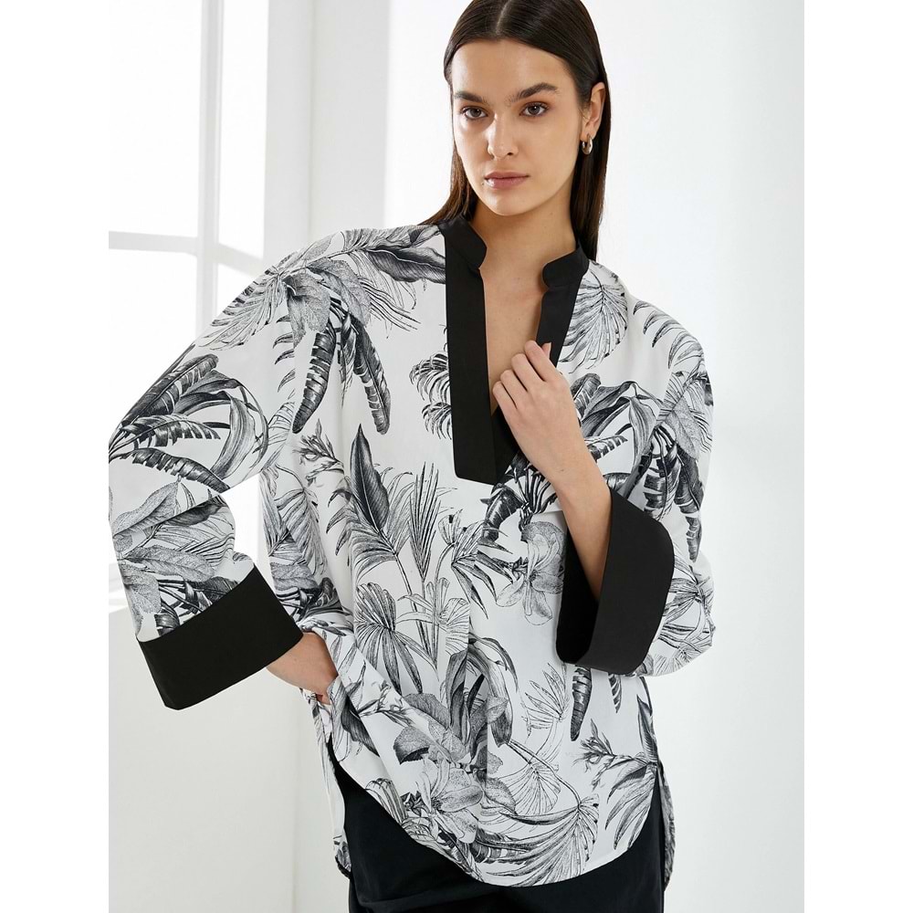 V Yaka Tunik Uzun Kollu Egzotik Desenli - KOTON - 4SAK60214UW - Siyah Desenli - 34