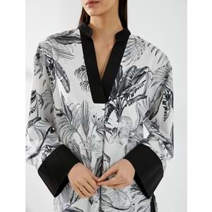 V Yaka Tunik Uzun Kollu Egzotik Desenli - KOTON - 4SAK60214UW - Siyah Desenli - 34