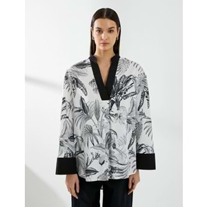 V Yaka Tunik Uzun Kollu Egzotik Desenli - KOTON - 4SAK60214UW - Siyah Desenli - 34