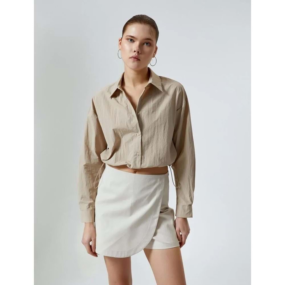 Paraşüt Kumaş Crop Gömlek Oversize Beli Lastikli - KOTON - 4SAL60011IW - BEJ - 34