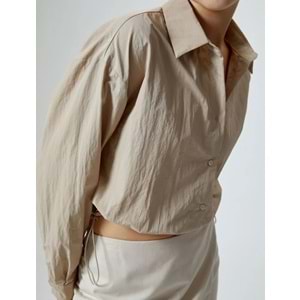 Paraşüt Kumaş Crop Gömlek Oversize Beli Lastikli - KOTON - 4SAL60011IW - BEJ - 34