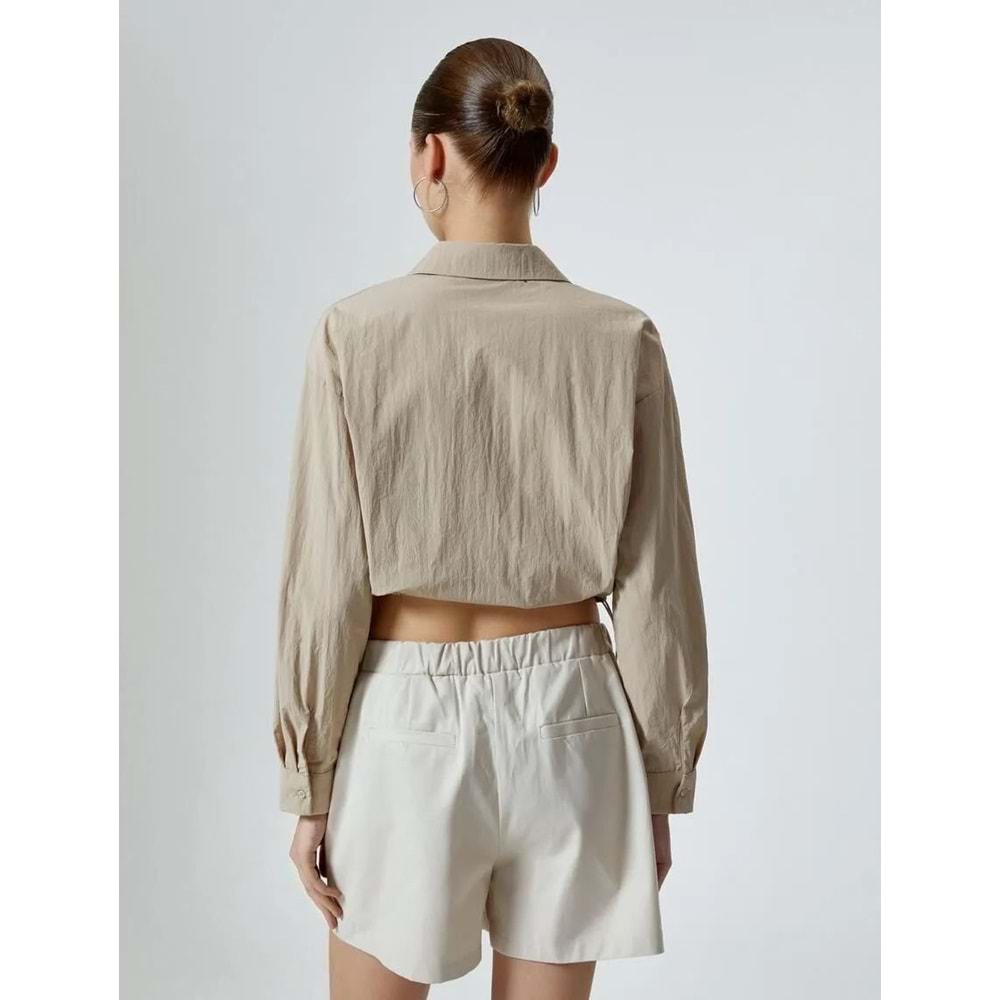 Paraşüt Kumaş Crop Gömlek Oversize Beli Lastikli - KOTON - 4SAL60011IW - BEJ - 34