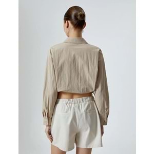 Paraşüt Kumaş Crop Gömlek Oversize Beli Lastikli - KOTON - 4SAL60011IW - BEJ - 34