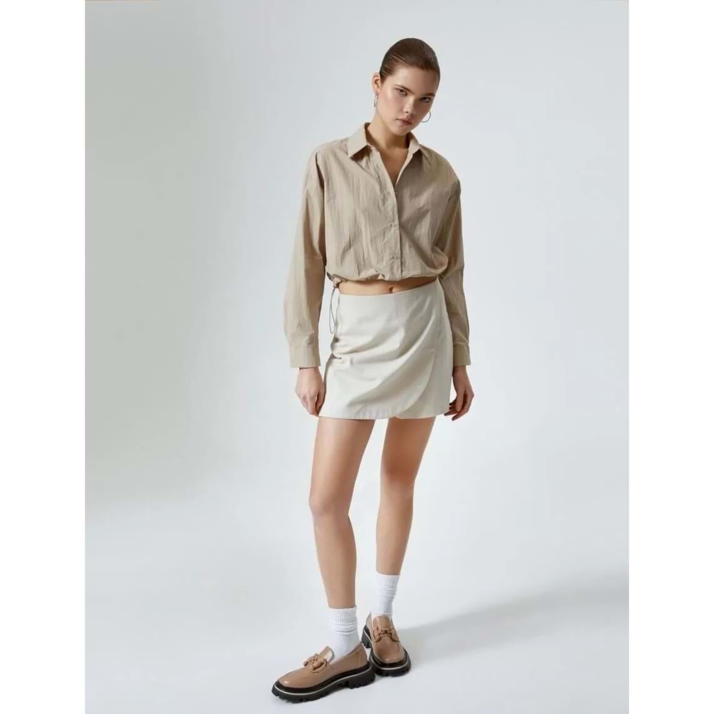 Paraşüt Kumaş Crop Gömlek Oversize Beli Lastikli - KOTON - 4SAL60011IW - BEJ - 34
