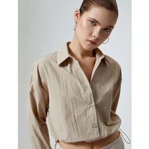 Paraşüt Kumaş Crop Gömlek Oversize Beli Lastikli - KOTON - 4SAL60011IW - BEJ - 34