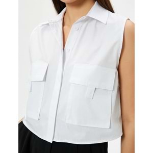 Crop Poplin Gömlek Kolsuz Kargo Cepli Manşet Yaka Düğmeli - KOTON - 4SAK60011EW - KIRIK BEYAZ - 44