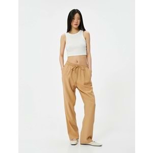 Bol Paça Pantolon Viskoz Kumaş Beli Bağlamalı Cepli - KOTON - 4SAK40043PW - KAHVERENGİ - 36