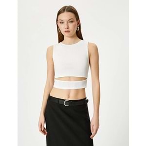 Pencere Detaylı Kısa Atlet Slim Fit Bisiklet Yaka - KOTON - 4SAL30107IK - EKRU - XS