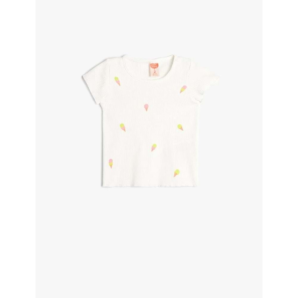 Kız Bebek Tişört Dondurma Baskılı Kısa Kollu Bisiklet Yaka Fitilli Pamuklu - KOTON - 4SMG10089AK - EKRU - 4-5 YAŞ