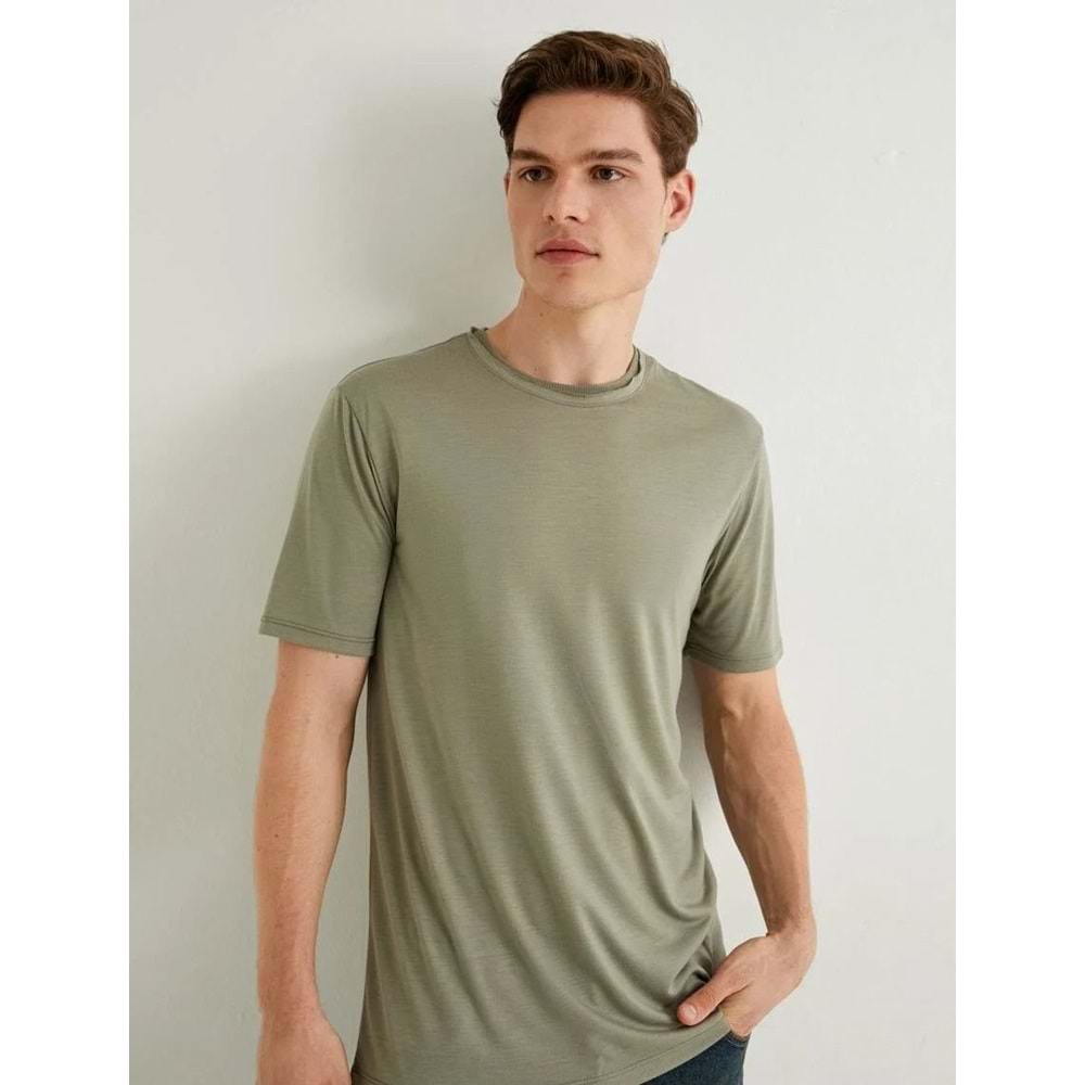 Basic Tişört Kısa Kollu Bisiklet Yaka Slim Fit - KOTON - 4SAM10276HK - HAKİ - L