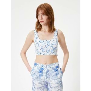 Çiçeli Crop Üstü Fisto Kare Yaka Askılı - KOTON - 4SAK30063EW - MAVİ DESENLİ - 34