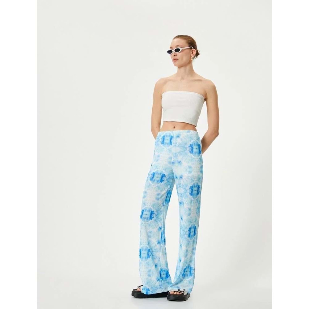 Bol Paça Pantolon Batik Desenli Normal Bel - KOTON - 4SAK40011EK - MAVİ DESENLİ - S