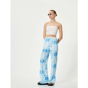 Bol Paça Pantolon Batik Desenli Normal Bel - KOTON - 4SAK40011EK - MAVİ DESENLİ - S