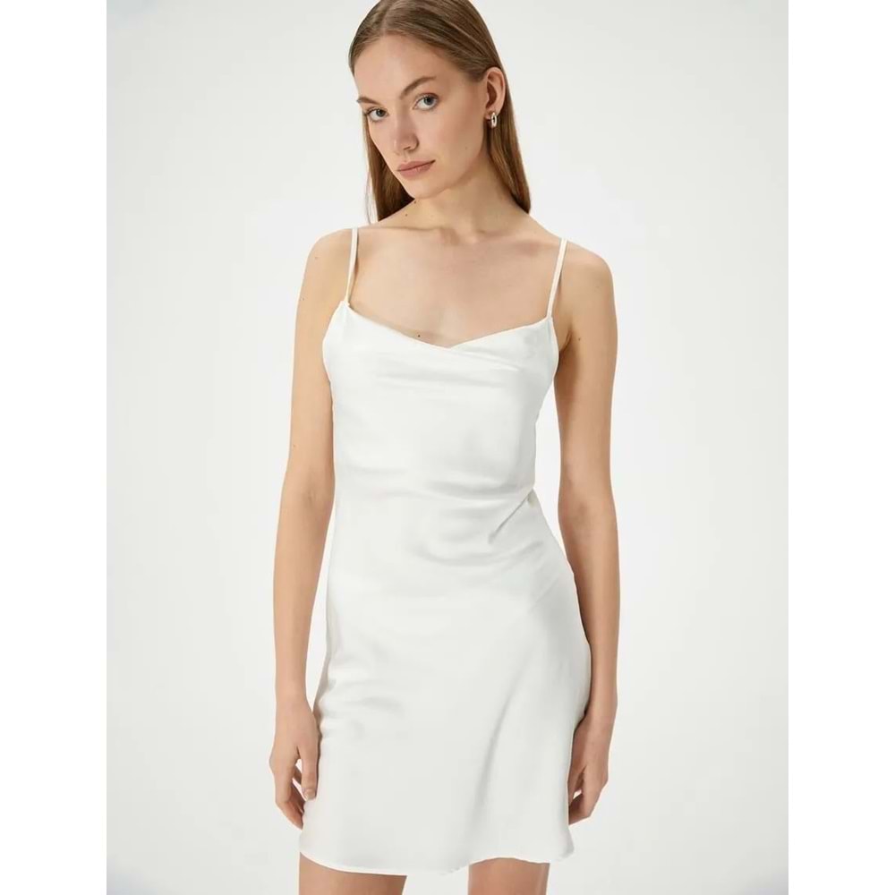 Saten Gecelik İnce Askılı Drape Yaka Mini Bridal - KOTON - 4SLK60004MW - BEYAZ - 42